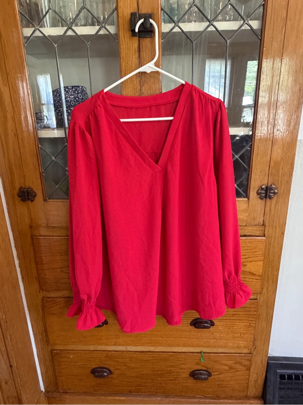 Amazon Women's Bright Red V-Neck Long Sleeve Blouse